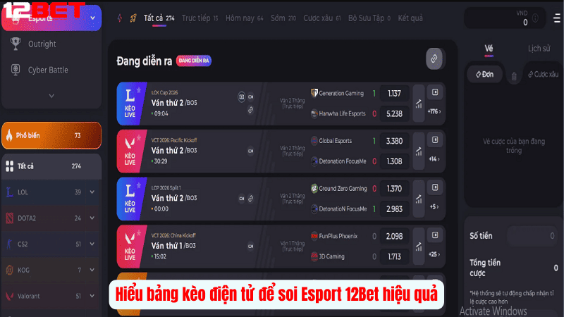 Hiểu bảng kèo điện tử để soi Esport 12Bet hiệu quả